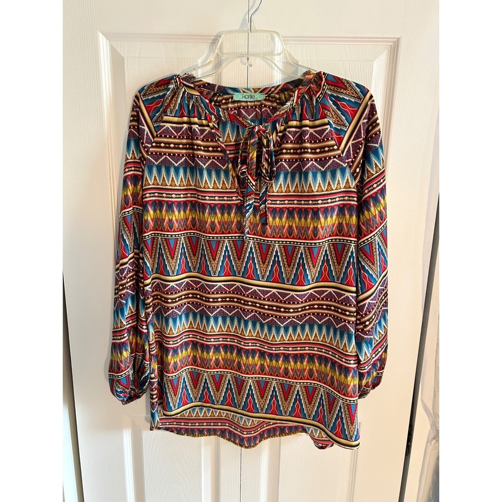 Karlie Boho Women Small Tribal Geometric Print Tie Neck Blouse Long Sleeve